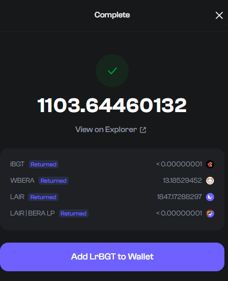 [LairFinance의 이율은 어디에서 오는가]

공부한김에 oriBGT로 가지고 있던걸 빼서 <a href="/LairFinance/">Lair Finance</a> 에 리스테이킹을 맡겨봤습니다.  

현재 
oriBGT APY 183%
LrBGT  APY 247% 입니다

기본적으로 AutoCompounding(자동복리)을 해주는 프로토콜들이라 APY로 표기하고 있고 이 이율의 원천은