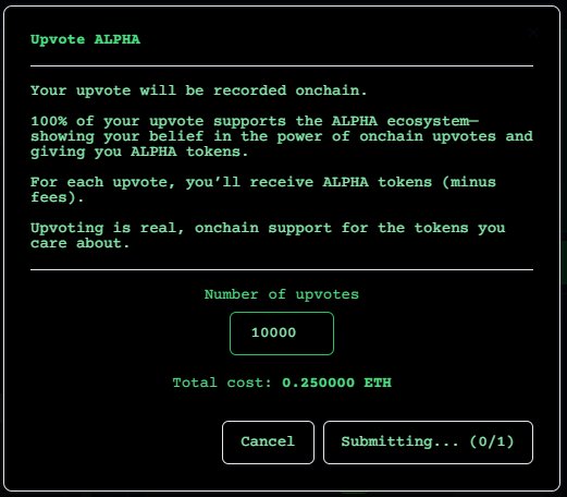 10,000回のアップボートと0.25000 ETHのコストを示すUpvote Alphaのインターフェース