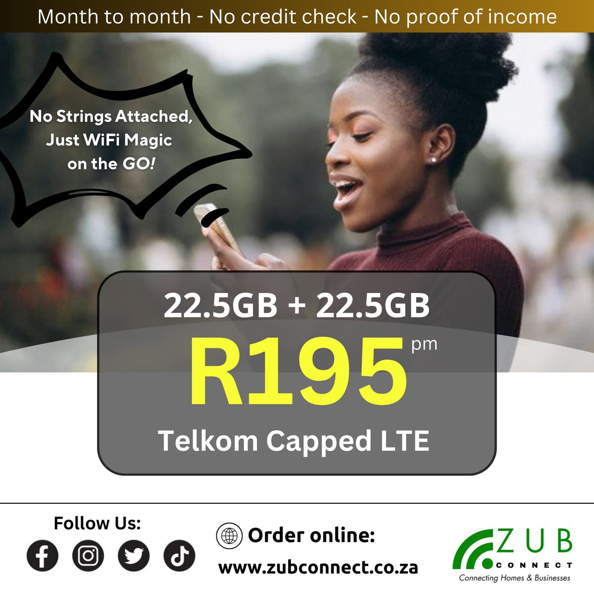 zub_connect's tweet image. Stay connected on the go! 🛜 💚   
Get 45GB Telkom Capped LTE data SIM for only R195 per month. Perfect for browsing and staying in touch wherever you are.   

Don&apos;t miss out, grab yours today!
zubconnect.co.za   

#StayConnected #TelkomLTE #DataDeal