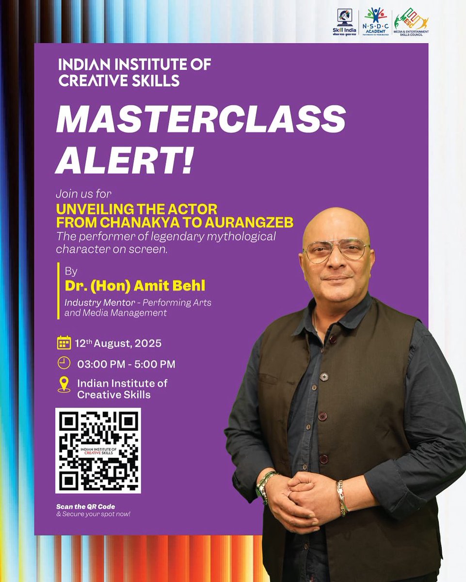 🎬 Masterclass Alert! Get ready to witness the unveiling of the actor who brought legendary mythological characters to life on screen - From Chanakya to Aurangzeb!

session with the esteemed Dr. (Hon) Amit Behl, Mentor - Performing Arts and Media Management 
12th August 2pm-5pm
