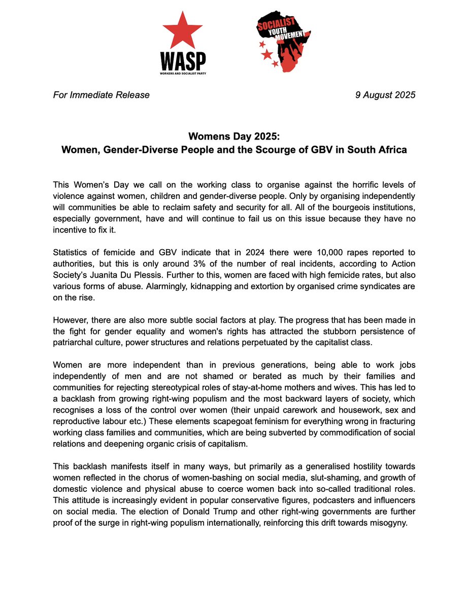 WASP_ISA's tweet image. WASP & SYM statement on Womens Day South Africa. We call on all working class formations to organise to end violence against women and gender-diverse people! #WomensDay2025