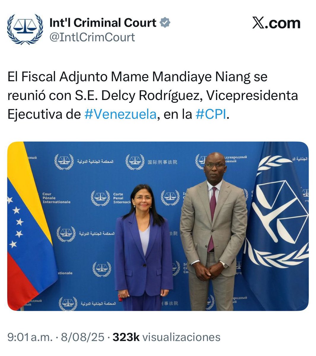 La Corte Penal Internacional en reunión con Delcy Rodríguez ficha clave de la dictadura de Maduro. 

¿Están reconociendo cómo un gobierno legítimo el del jefe del cártel de los soles? 

¿Qué justicia habrá entonces?