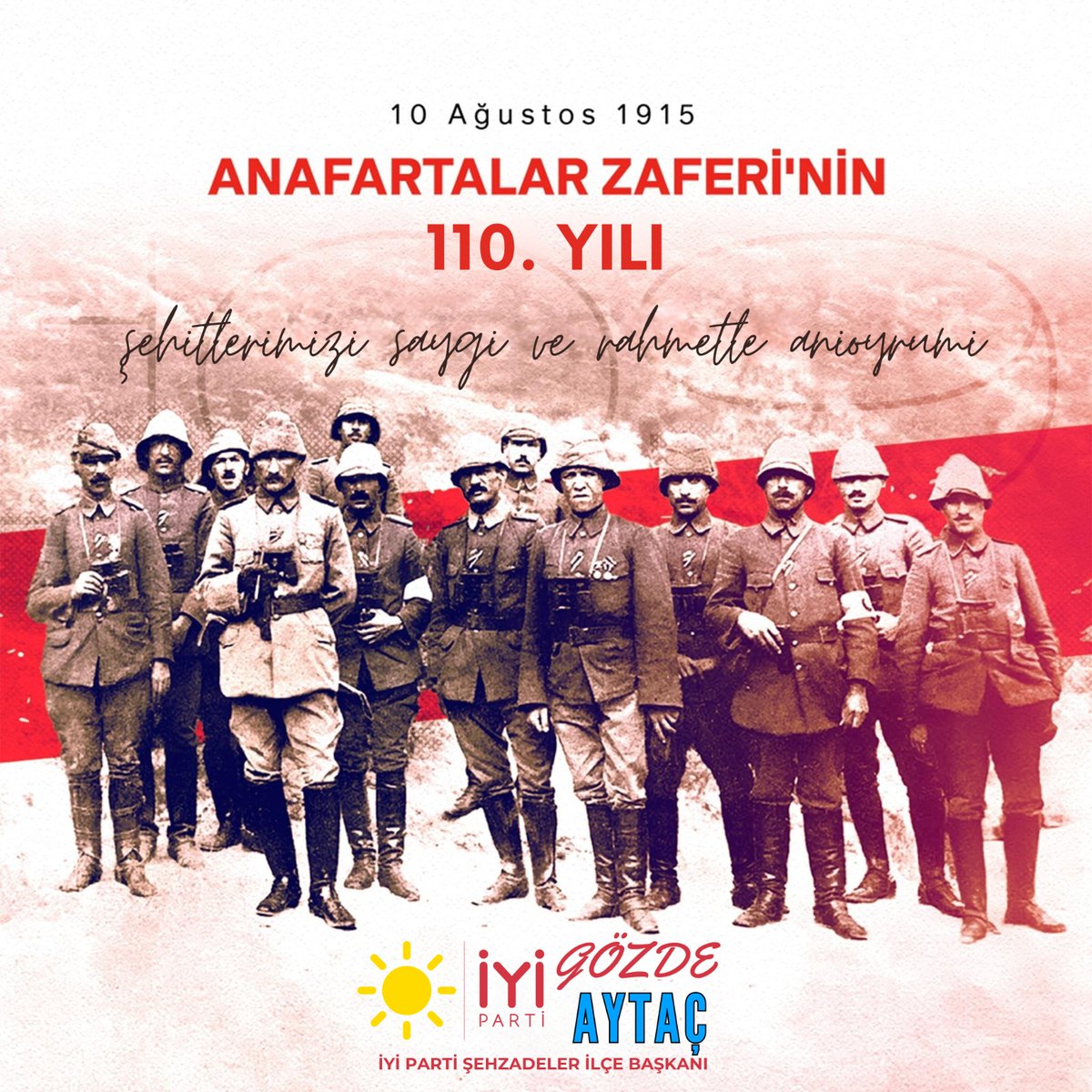 #AnafartalarZaferi’nin 110’uncu yıl dönümünde; Anafartalar Kahramanı Gazi Mustafa Kemal Atatürk başta olmak üzere tüm kahraman şehitlerimizi ve gazilerimizi saygı ve rahmetle anıyorum .🇹🇷

#AnafartalarZaferi