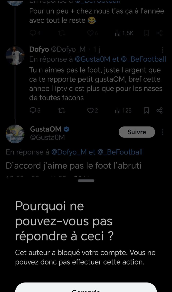 Comme d'hab avec ces gens... Tu leur met la réalité en face, ils répondent et bloquent pour pas avoir de réponses 🤣🤣
C'est plus safe c'est sûr ahah. 

Mais tant mieux, ceux qui profitent de notre club mais ne supportent pas vraiment ouuuust de ma TL !
Je veux la #teamOM moi