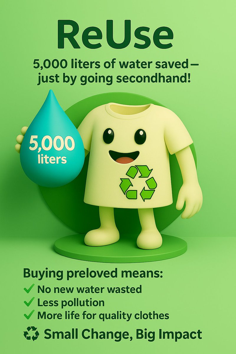 💧 5,000 liters of water saved – just by going secondhand! A single cotton shirt can take up to 5,000 liters of water to make – from thirsty cotton fields 🌱 to dyeing &amp; processing 🧵.

Buying preloved means: 
✅ No new water wasted 
✅ Less pollution 
✅ More life for quality 👕