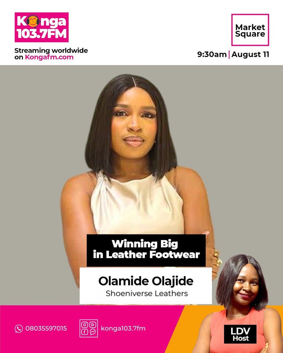 Olamide of Shoeniverse leathers (@olamidetheboss1) on Twitter photo This Monday at 9:30am , I’ll be live on Konga FM 103.7 as a guest on The Market Square with the amazing Lilian Duru-Valentine. I will be sharing the Shoeniverse Leathers journey. The wins, the lessons, and why we’re betting big on Nigerian-made footwear. This Monday at 9:30am , I’ll be live on Konga FM 103.7 as a guest on The Market Square with the amazing Lilian Duru-Valentine. I will be sharing the Shoeniverse Leathers journey. The wins, the lessons, and why we’re betting big on Nigerian-made footwear.