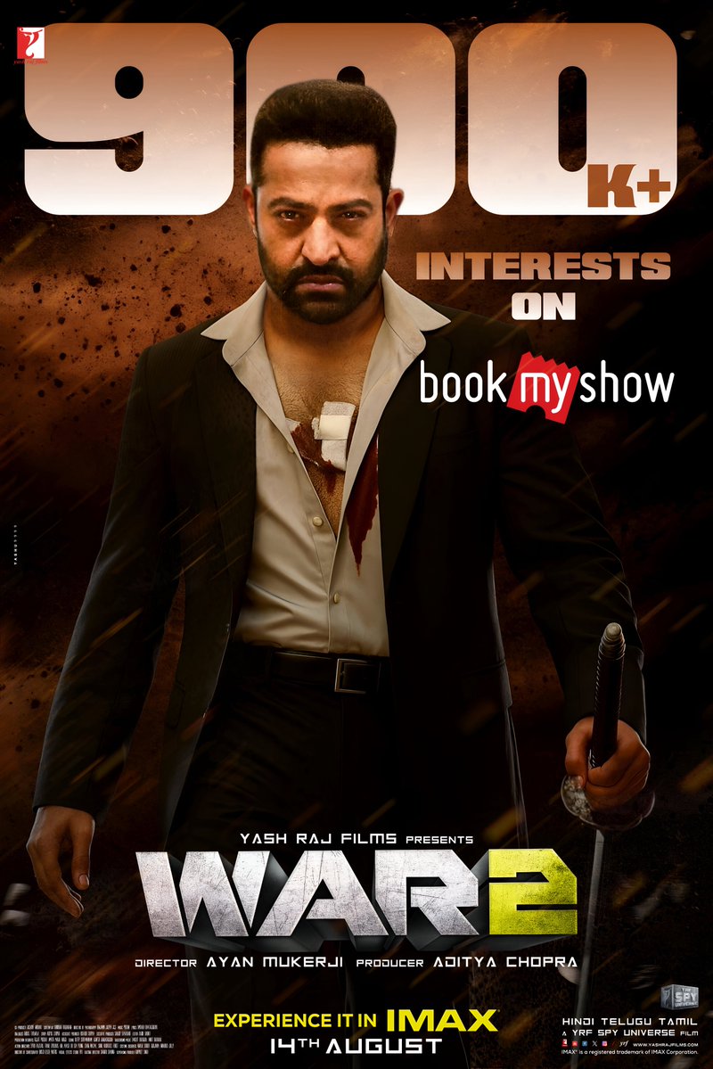 Yamadonga4k (@yamadonga4k) on Twitter photo War2 is unstoppable
Fastest Hindi film to smash past 900K+ interests on <a href="/bookmyshow/">BookMyShow</a> and still 4 days to go before release!
<a href="/tarak9999/">Jr NTR</a> <a href="/iHrithik/">Hrithik Roshan</a> <a href="/yrf/">Yash Raj Films</a> #War2 #NTRvsHrithik War2 is unstoppable
Fastest Hindi film to smash past 900K+ interests on <a href="/bookmyshow/">BookMyShow</a> and still 4 days to go before release!
<a href="/tarak9999/">Jr NTR</a> <a href="/iHrithik/">Hrithik Roshan</a> <a href="/yrf/">Yash Raj Films</a> #War2 #NTRvsHrithik