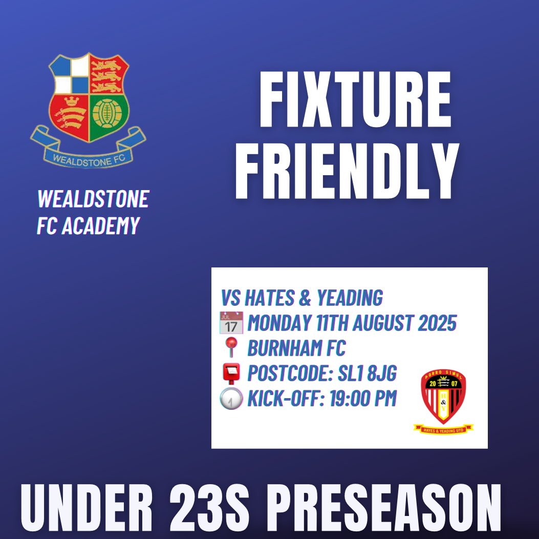 📅 FIXTURE FRIENDLY ANNOUNCEMENT

Our U23s are back in action for a preseason test! 🔵⚽️

🆚 Hayes &amp; Yeading United U23s
📍 Burnham FC
📫 Postcode: SL1 8JG
🕖 Kick-off: 19:00 PM
📅 Monday 11th August 2025

Let’s get behind the boys as they prepare for the season ahead! 👊