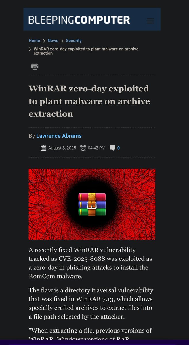 A recently patched WinRAR vulnerability, CVE-2025-8088, was