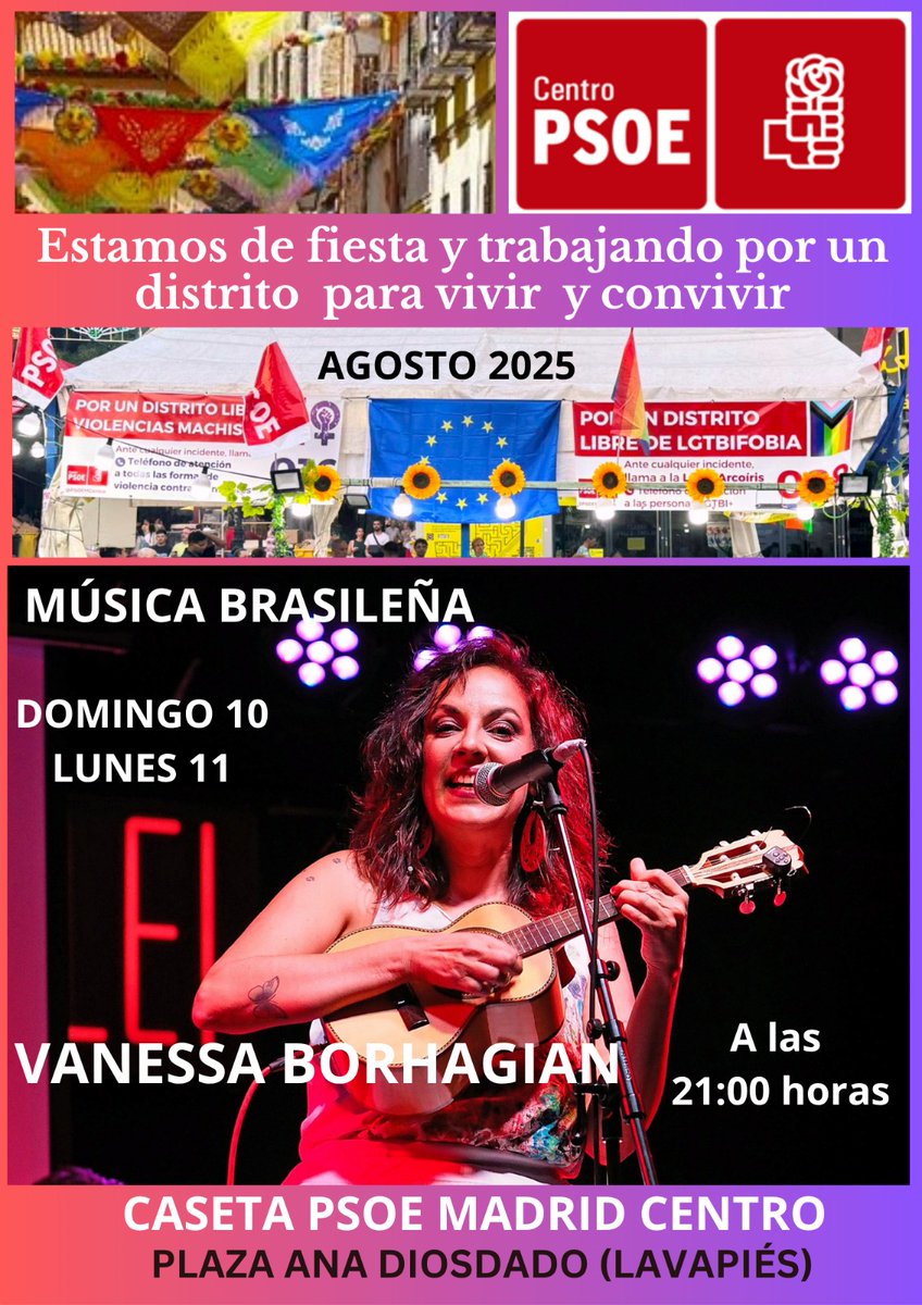 La de hoy es noche grande en nuestra caseta de Lavapiés porque podemos contar con la actuación especial de Vanessa Boraghian, una muy querida artista brasileña.

Aviso: empieza a las 21.00. No faltéis.