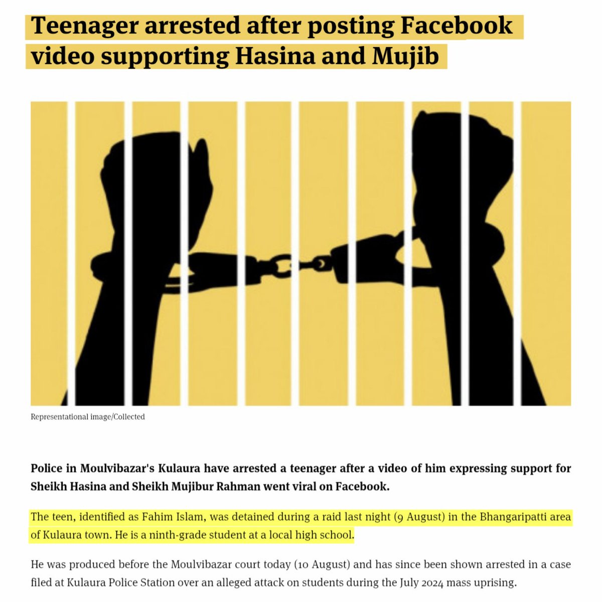 Asifur Rahman Chowdhury (@asifurrahman71) on Twitter photo tbsnews.net/bangladesh/tee…
A ninth-grade boy thrown in jail just for loving Bangabandhu and Sheikh Hasina — this is the interim government's definition of freedom. Fascism isn’t even sparing children now.
#BangladeshCrisis #BangladeshUnderFascism #YunusMustGo
<a href="/sajeebwazed/">Sajeeb Wazed</a> tbsnews.net/bangladesh/tee…
A ninth-grade boy thrown in jail just for loving Bangabandhu and Sheikh Hasina — this is the interim government's definition of freedom. Fascism isn’t even sparing children now.
#BangladeshCrisis #BangladeshUnderFascism #YunusMustGo
<a href="/sajeebwazed/">Sajeeb Wazed</a>