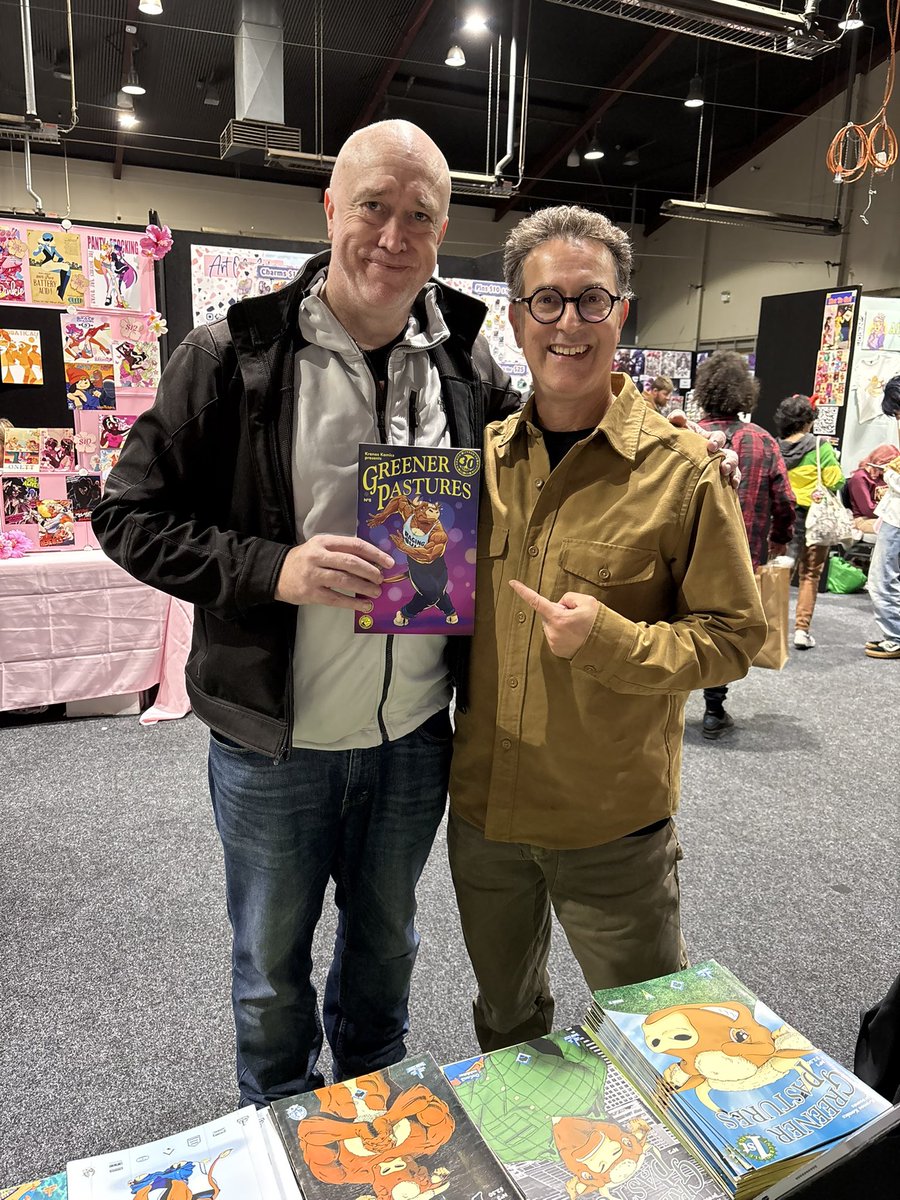 I met the actor who plays Trevor in our short film today “for the first time” even though I spent two long days with him on set. But that was with “Trevor Bovis” the character, not “Alistair Bates” the actor. Another truly surreal moment on this project. <a href="/GPComix/">Greener Pastures Comics</a>