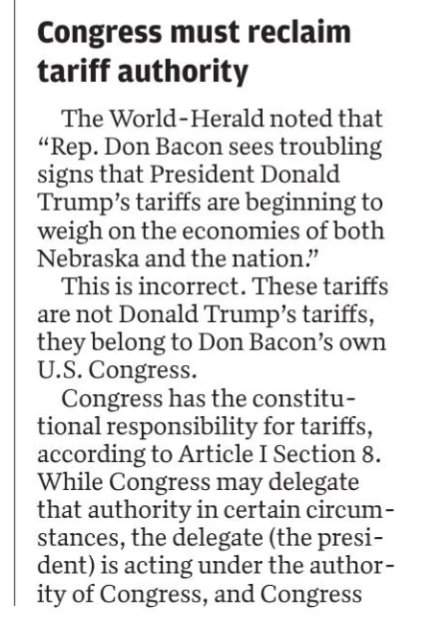 AngieLauritsen's tweet image. I agree. 
Unfortunately, Rep Bacon, during a procedural vote earlier this year, gave up Congress&apos;s tariff authority until October 1st. 
It&apos;s how he votes that matters... #NE02 #GOPTariffs