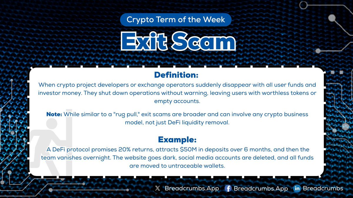Exit scam = taking the money and running, crypto edition. The team builds a  project → attracts funds → vanishes overnight → leaves empty wallets What  pre-scam behaviors help you spot these