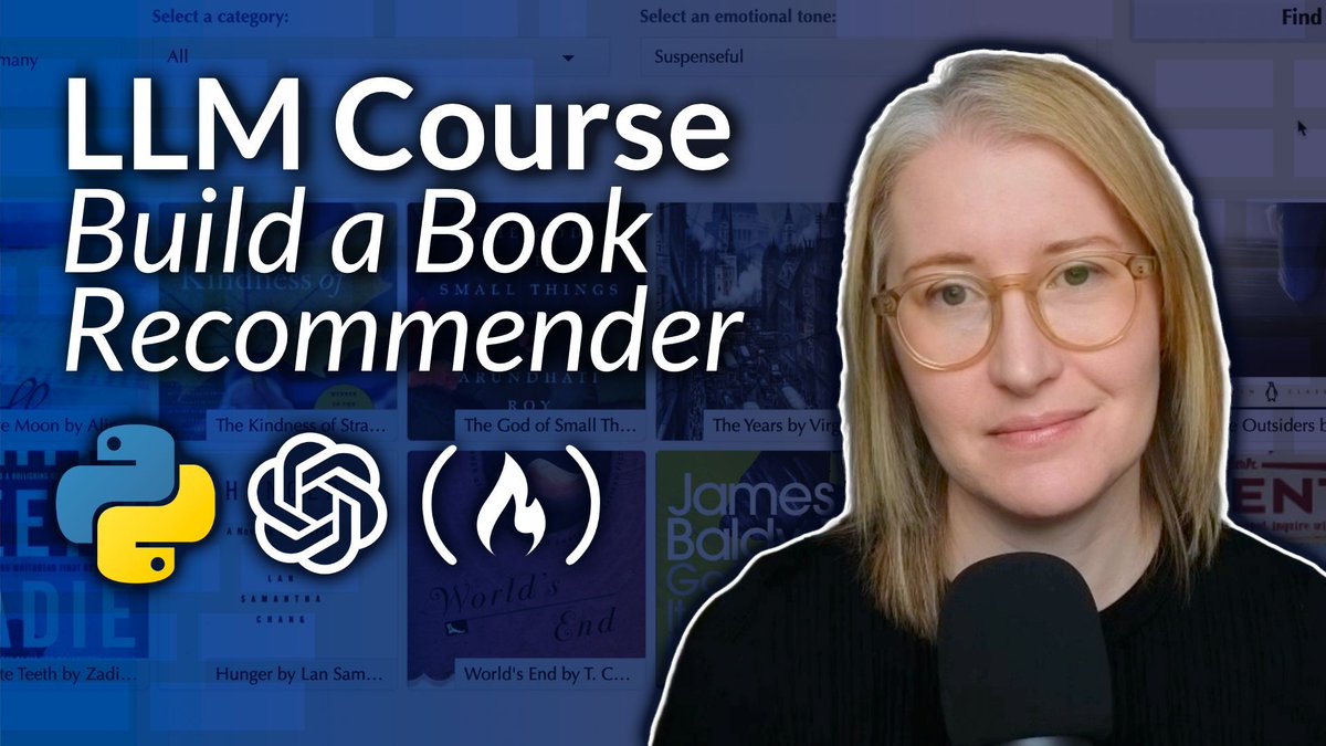 freeCodeCamp's tweet image. When you're looking for a new book to read, getting suggestions from a friend can be helpful.
Well, in this course, you'll build your very own book recommender.
You'll use an LLM and Python to build the engine and learn about vector search, zero-shot classification, sentiment…