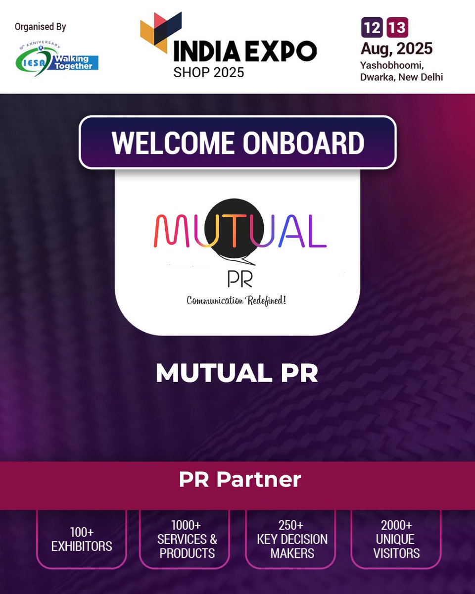 ExpoIesa's tweet image. Welcoming Mutual PR as the Official PR Partner for #IndiaExpoShop2025

With global expertise in media, crisis comms &amp;amp; event PR, they bring strategic visibility to the show.

📅12–13 Aug 2025
📍Yashobhoomi, New Delhi

🔗indiaexposhop.in | mutualpr.com

#PRPartner