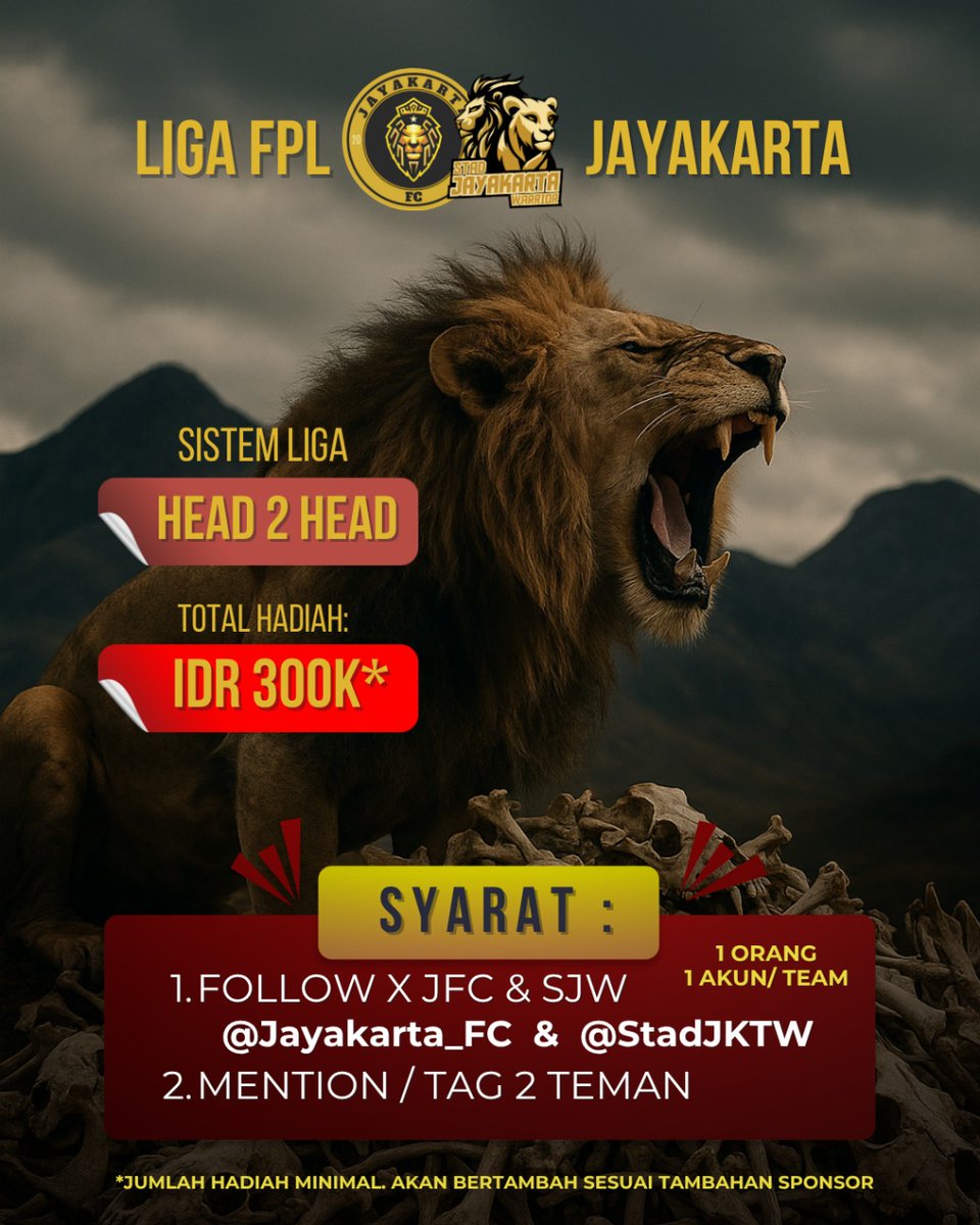 Stad Jayakarta Warrior (@stadjktw) on Twitter photo Bosan dengan format liga classic? Mari ikuti liga ini dengan format H2H dan Knock Out di 3 GW terakhir.
Liga FPL Jayakarta
Kode Liga: xq4eop
Syarat:
1. Follow <a href="/StadJKTW/">Stad Jayakarta Warrior</a> & <a href="/Jayakarta_FC/">JFC (Jayakarta Fantasy Club)</a>
2. Like & repost post ini, reply dengan bukti follow, nama Tim FPL & tag 2 teman kalian Bosan dengan format liga classic? Mari ikuti liga ini dengan format H2H dan Knock Out di 3 GW terakhir.
Liga FPL Jayakarta
Kode Liga: xq4eop
Syarat:
1. Follow <a href="/StadJKTW/">Stad Jayakarta Warrior</a> & <a href="/Jayakarta_FC/">JFC (Jayakarta Fantasy Club)</a>
2. Like & repost post ini, reply dengan bukti follow, nama Tim FPL & tag 2 teman kalian
