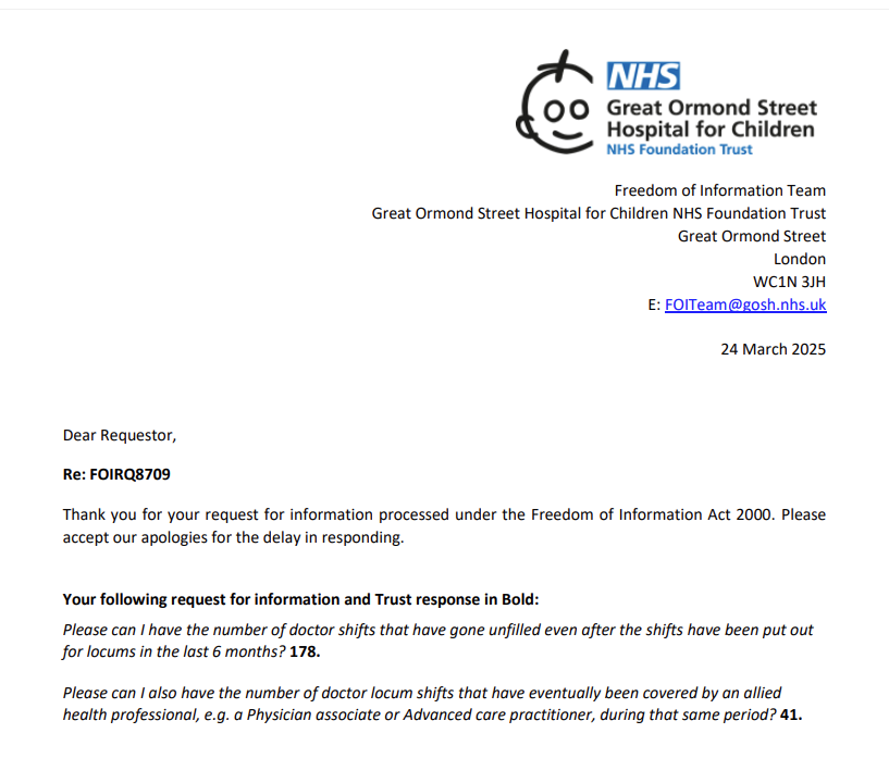Dr Shivam Sharma (@docshivsharma) on Twitter photo Recently <a href="/Independent/">The Independent</a> exposed Great Ormond Street Hospital using Physician Assistants to replace doctors.
My FOI adds: in 6 months, 41 doctor shifts were filled by PAs/ACPs, not doctors.
Doctor shifts should only be filled by doctors, not cheaper substitutes. Recently <a href="/Independent/">The Independent</a> exposed Great Ormond Street Hospital using Physician Assistants to replace doctors.
My FOI adds: in 6 months, 41 doctor shifts were filled by PAs/ACPs, not doctors.
Doctor shifts should only be filled by doctors, not cheaper substitutes.