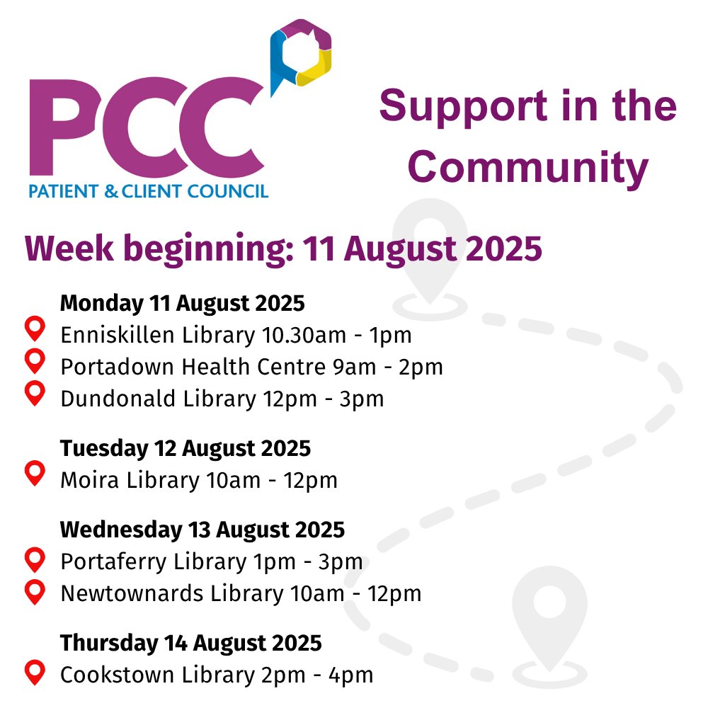 PatientClient's tweet image. This week our trained practitioners will be providing #PCCSupport in the Community⬇️

👋Everyone is welcome! Call in for free advice &amp;amp; support to help you find a resolution to your health or social care concerns   

More info➡️pcc-ni.net/pcc-support/pc…