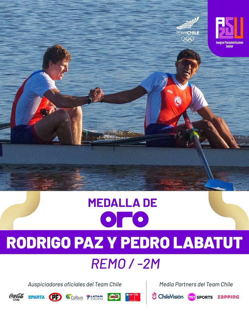 TeamChile_COCH's tweet image. ¡OROOOOO! 🥇🚣🏽😎

La dupla formada por Rodrigo Paz (abanderado 😌) y Pedro Labatut 🚣🏽 logró la primera presea dorada 🥇 para Chile en Asunción 🇵🇾, luego de imponerse en el dos sin timonel.

Es la tercera medalla para Chile en la mañana. Tres en tres finales 😮‍💨 (y quedan más hoy).…