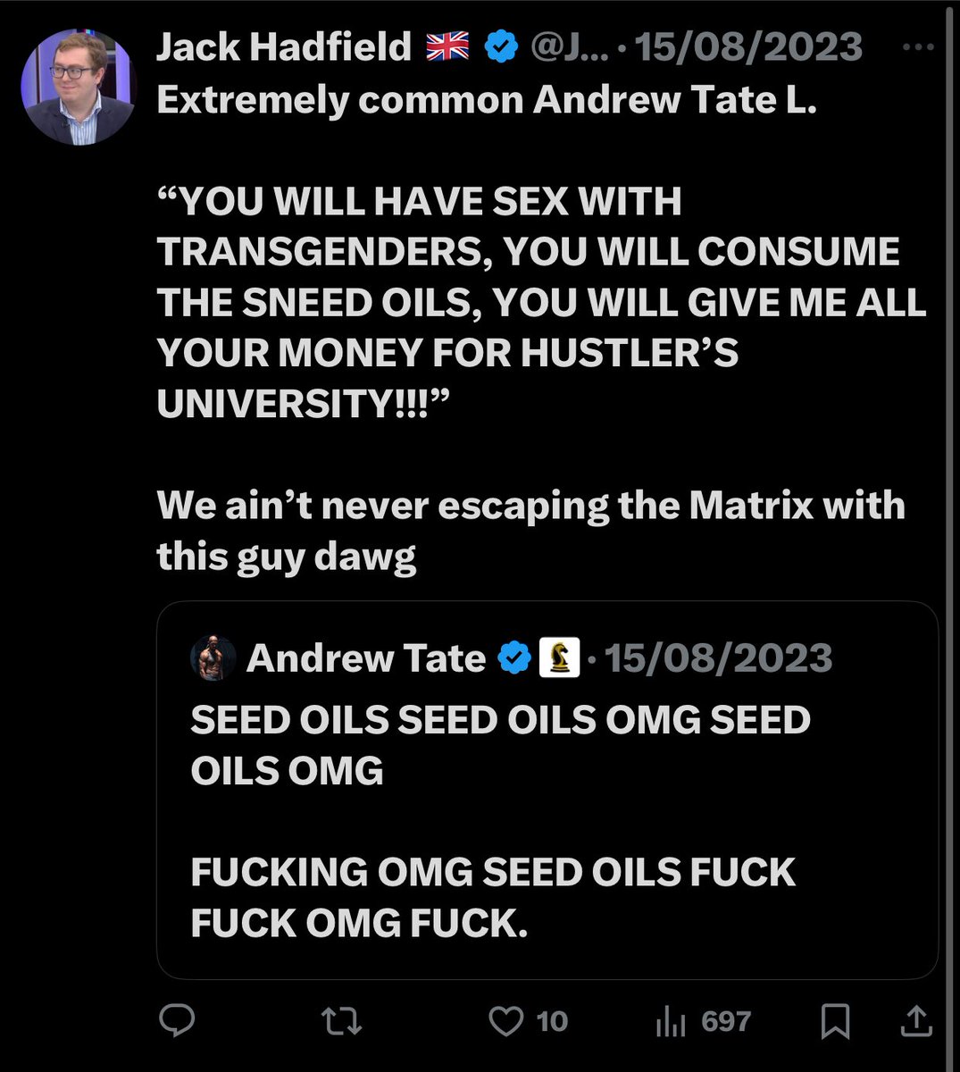 Zomby Pop (@thezombypop) on Twitter photo Had a search for all this condemnation of <a href="/Cobratate/">Andrew Tate</a> by <a href="/JackHadders/">Jack Hadfield 🇬🇧</a> Unfortunately, Jack two posts from 2023 with zero traction on them is not exactly condemning now is it? My guess is you realised you weren’t equipped to punch up so you changed your angle of attack. FACT.
👍🤘👌 Had a search for all this condemnation of <a href="/Cobratate/">Andrew Tate</a> by <a href="/JackHadders/">Jack Hadfield 🇬🇧</a> Unfortunately, Jack two posts from 2023 with zero traction on them is not exactly condemning now is it? My guess is you realised you weren’t equipped to punch up so you changed your angle of attack. FACT.
👍🤘👌