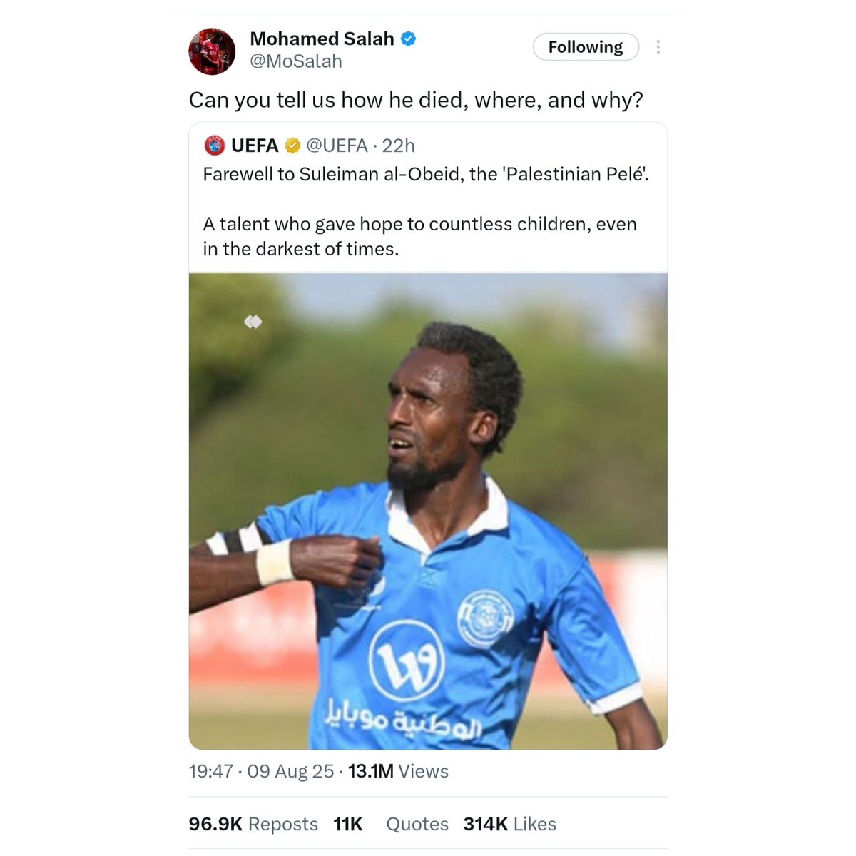 وقتی که یوفا نام شهــ  ــید رو  به زبان میارهه، ولی قاتل رو نه… این یعنی شریک جرم بودن، نه احترام گذاشتن به حقوق بشر حق داری محمد صلاح که بپرسی: کی، کجا و چرا؟!