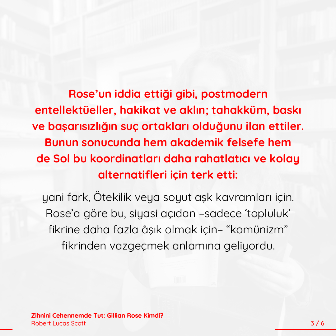 corpusdergi's tweet photo. Gillian Rose’a göre felsefenin görevi, kapitalizmi ayakta tutan ve adaletsizliği yücelten mitlerle ve kör noktalarla yüzleşmekti. Sonuç, her türlü politik dogmaya düşman bir Marksizm oldu.

Robert Lucas Scott'ın makalesini Berdan Doğan çevirdi.