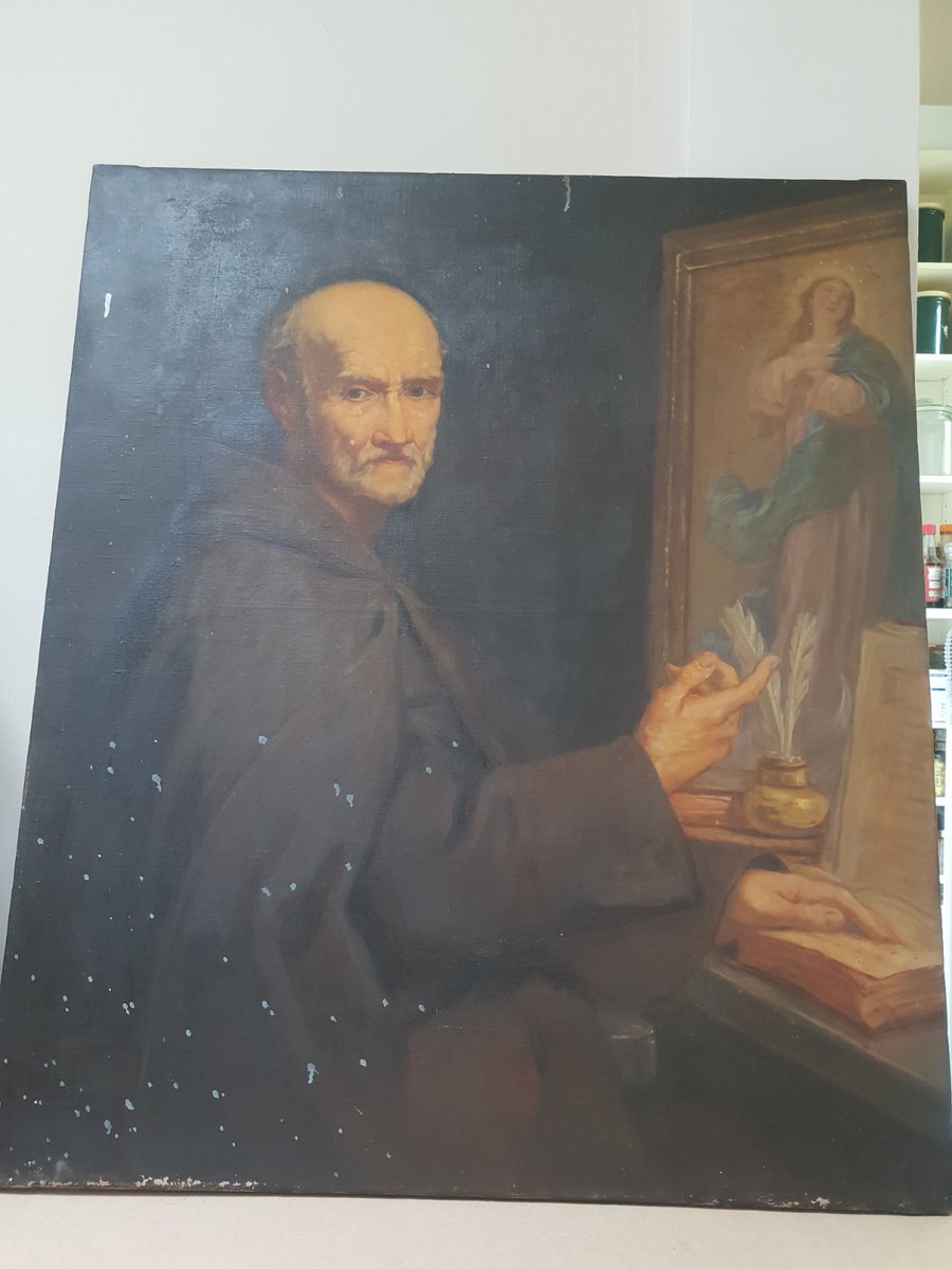 2017Embee's tweet photo. @jdmccafferty Hi John, I bought a painting directly from the Franciscans in Dublin,also of #LukeWadding + apparently quite old. It's possibly painted after his death, ie quill in inkwell. Looking for expert help in Rome, especially from  #stisidores (img #1 enhanced) All help appreciated. https://t.co/BSQKr6xXzq
