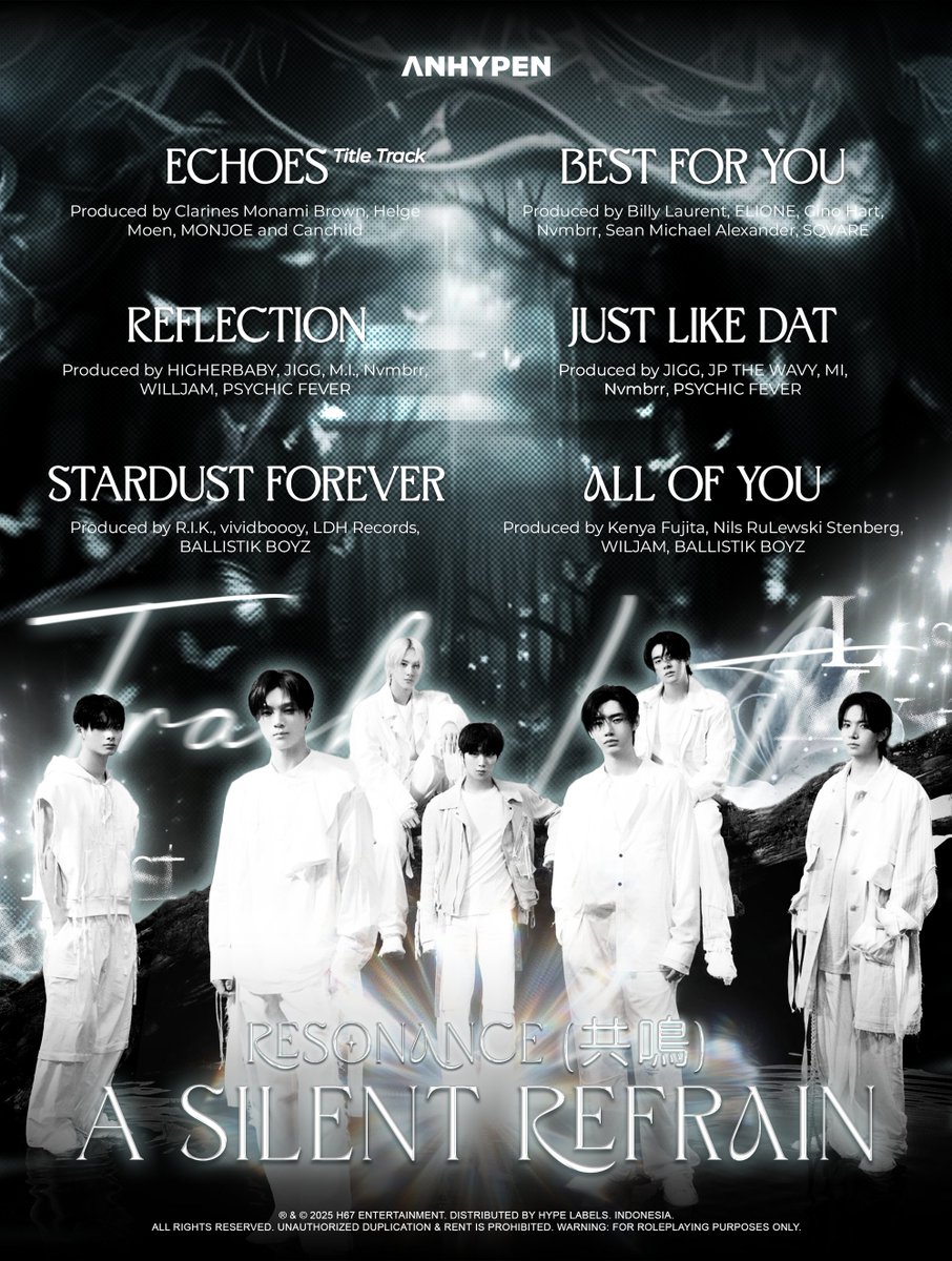 ㅤ
ㅤㅤㅤㅤ┈───   𝗔𝗡𝗛𝗬𝗣𝗘𝗡   ───┈
ㅤㅤㅤㅤ2nd Japanese Mini Album

ㅤㅤㅤㅤ𝕽𝐄𝐒𝐎𝐍𝐀𝐍𝐂𝐄    ✭   ( 共鳴 )
ㅤㅤㅤㅤ⭒ㅤ𝑨 𝑺𝑰𝑳𝑬𝑵𝑻 𝑹𝑬𝑭𝑹𝑨𝑰𝑵ㅤ⭒

ㅤㅤㅤㅤ⠿ㅤ  ㅤ 𝗧𝗥𝗔𝗖𝗞𝗟𝗜𝗦𝗧   ㅤㅤ⠿
ㅤ