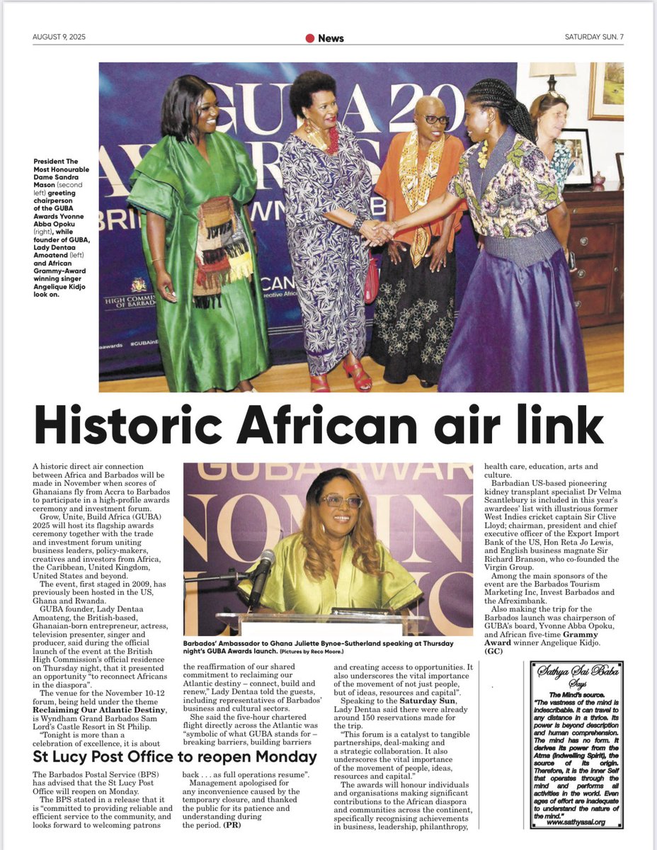 Featured in the Barbados Nation! This November, we make history with a direct air link between Ghana and Barbados for the GUBA Awards 2025. 

Uniting leaders, investors, and cultural icons from across the Atlantic, breaking barriers, building bridges, and reclaiming our Atlantic