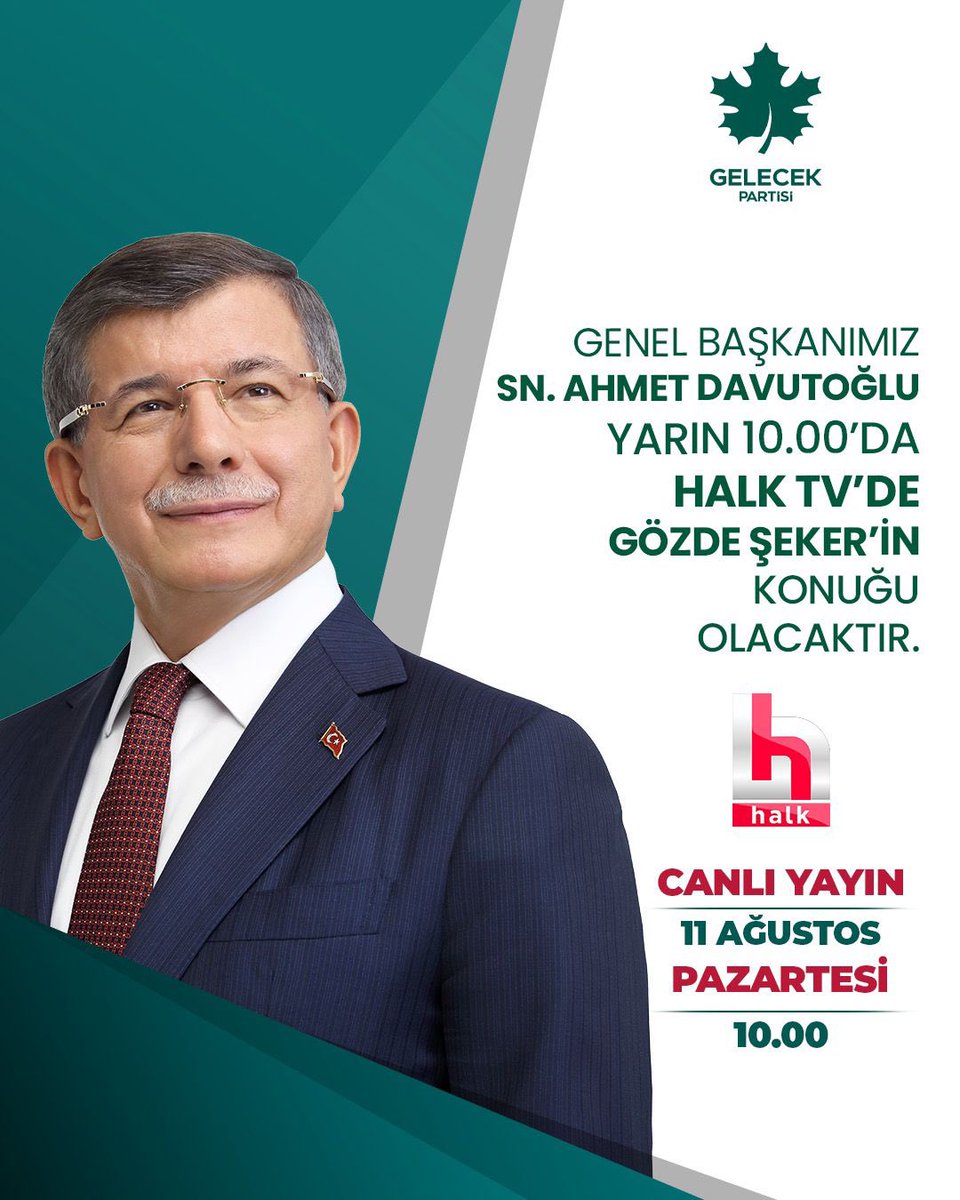 Genel Başkanımız Sayın Ahmet Davutoğlu, Gözde Şeker’in konuğu oluyor.

🗓️11 Ağustos Pazartesi (Yarın)
⏰10.00
📡Halk TV