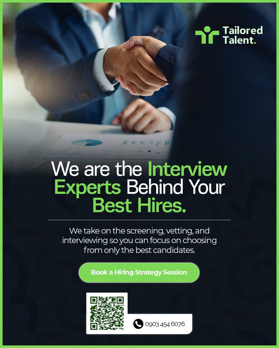 _tailoredtalent's tweet image. Stop wasting hours on interviews that lead nowhere.

We find, screen, and interview the right people, so, your only job is to pick the best.

📲 Ready to meet your next hire? Hit the link in our bio or DM us now.

#HireBetter #InterviewExperts #TailoredTalent