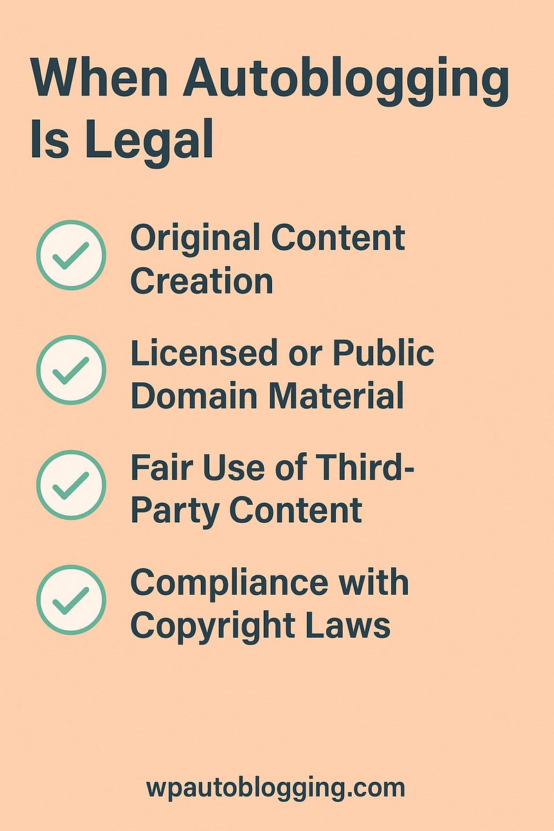 JustDreamItMedi's tweet image. When is autoblogging legal?
✔️ Licensed or original content
✔️ Adding value
✔️ Following copyright laws
More tips: wpautoblogging.com/is-autobloggin…
#Autoblogging #LegalTips #ContentAutomation #WordPressTips