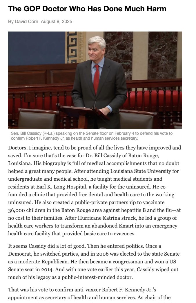 NEW: RFK Jr. is implementing crazy anti-vax policies that Trump's first surgeon general says will lead to deaths. Who deserves some of the blame for this? Dr. Bill Cassidy, a  GOP senator. I write about this in the new issue of my OUR LAND newsletter. 

link.motherjones.com/public/41062205