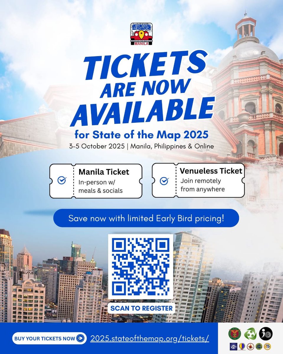 📢📢LAST CHANCE! Early Bird tickets for State of the Map 2025 in Manila ends TODAY!!!
Don't miss out on discounted prices, including a special rate for community hobbyists! Secure your spot NOW! 2025.stateofthemap.org/tickets/
 #SotM2025 #OpenStreetMap #Manila #EarlyBird #Conference2025