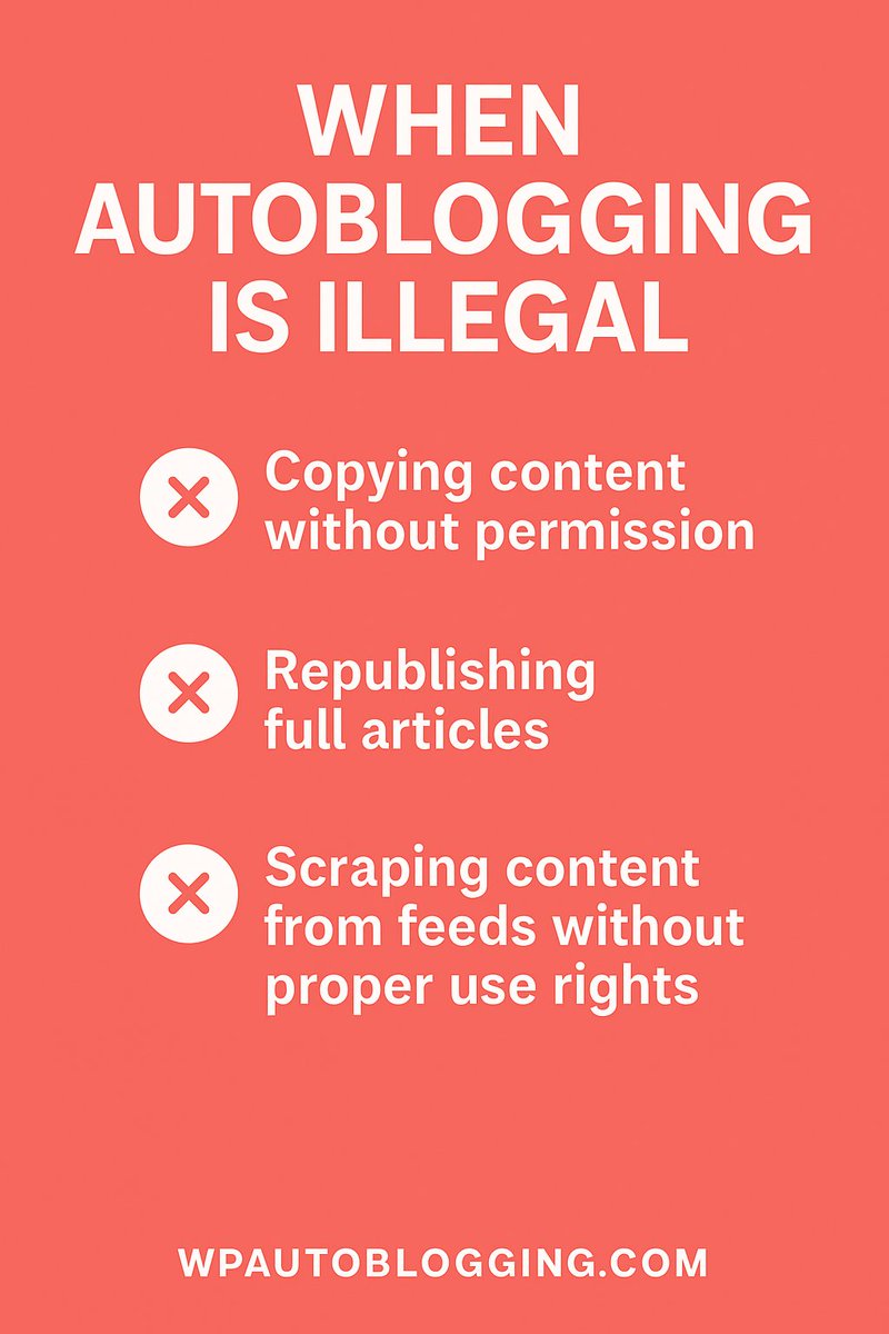 JustDreamItMedi's tweet image. When is autoblogging illegal? ❌

Copyright infringement

Scraping without permission

Ignoring licenses
Full guide here: wpautoblogging.com/is-autobloggin…
#Autoblogging #LegalTips #BloggingMistakes #WordPressBlogging