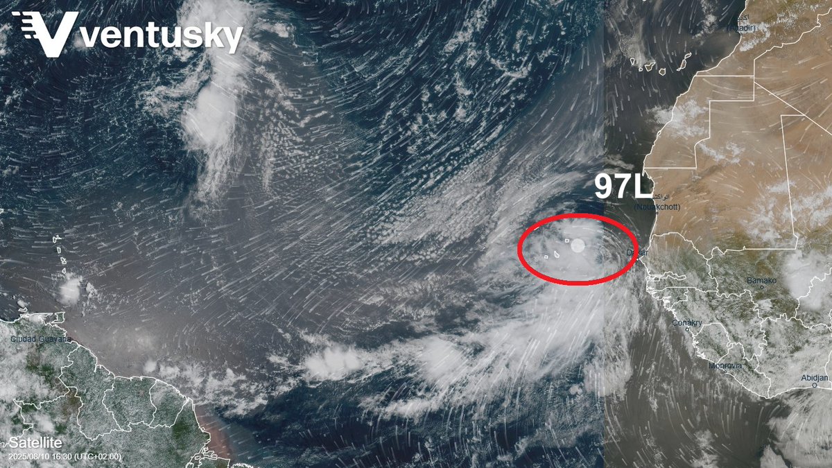 ℹ️ Invest 97L, a tropical disturbance near the west coast of Africa, now has an increased chance of development according to the NHC (National Hurricane Center) and could become the first Atlantic hurricane of the season. Forecast models show a wide range of possible tracks—from