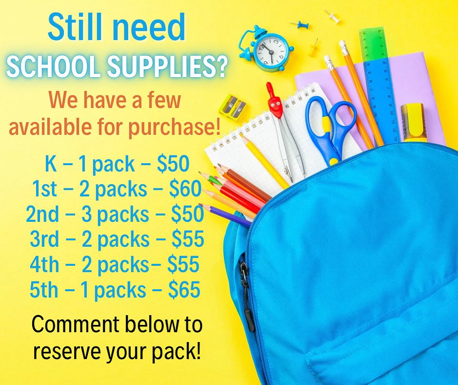 ✏️ Still need school supplies?
⏳ Time is running out—school starts Tuesday!

We have a limited number of supply packs left for purchase. Skip the hassle of last-minute shopping—everything your student needs is ready to go!

Message us if you would like to purchase a pack!