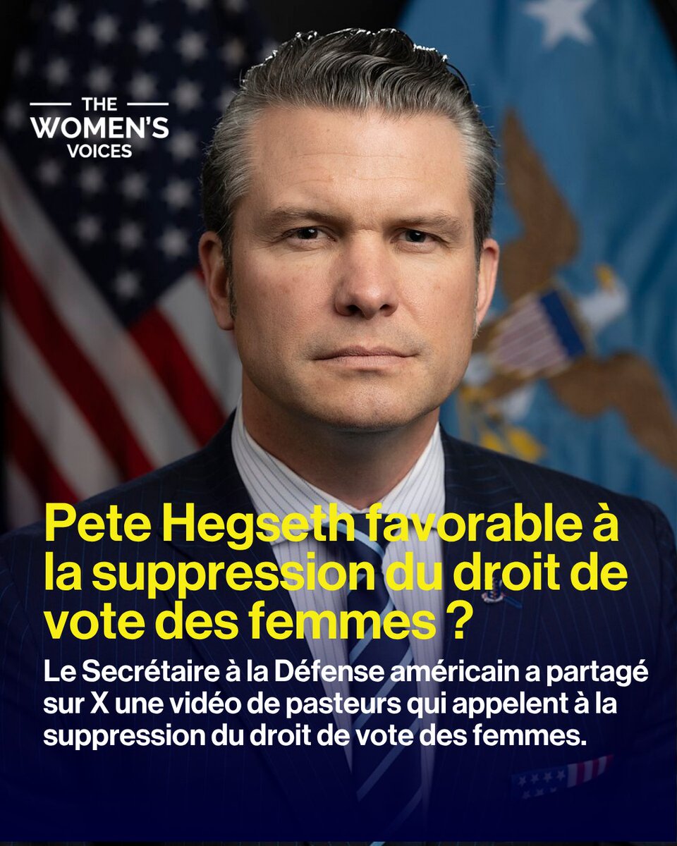 😳 Pete Hegseth a reposté, ce vendredi 8 août  , une vidéo issue de CNN montrant plusieurs pasteurs prônant l’abrogation du 19ᵉ amendement garantissant le droit de vote aux femmes.

🗳️Dans le même reportage, un pasteur suggère que chaque foyer vote collectivement, l’homme en