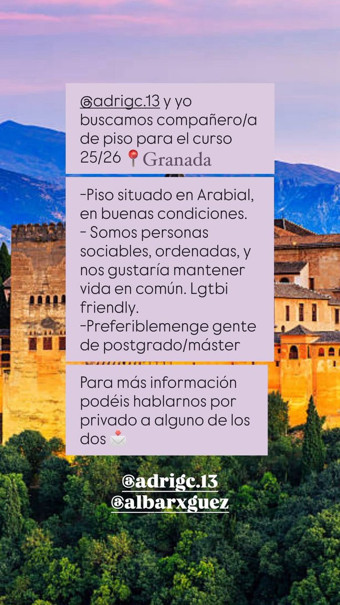 adrigc133's tweet photo. @albarxguez y yo buscamos compi de piso en Granada. Está en Arabial y sale 333€/mes + gastos. Si estás interesado/a háblanos por aquí o instagram sin problema :) https://t.co/3FFgxzUgGK