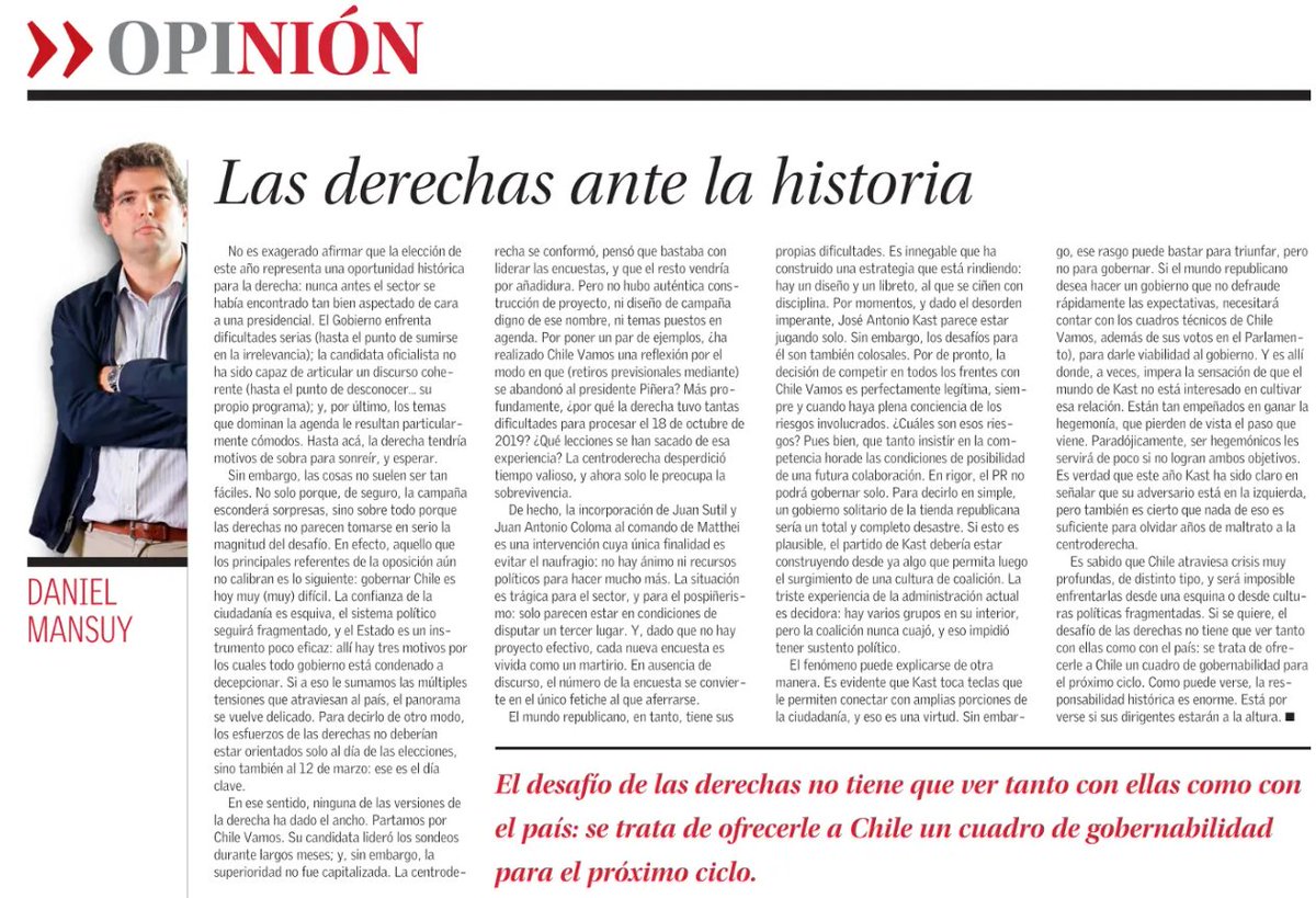 Tiene razón Mansuy. El P. Republicano no tiene la capacidad de gobernar solo, necesita a Chile Vamos. Pero esa necesidad se construye. Y hasta ahora, solo aspiran a reemplazarlos. Chile Vamos, por su lado, como proyecto "político", tiene muchas reflexiones que hacer.