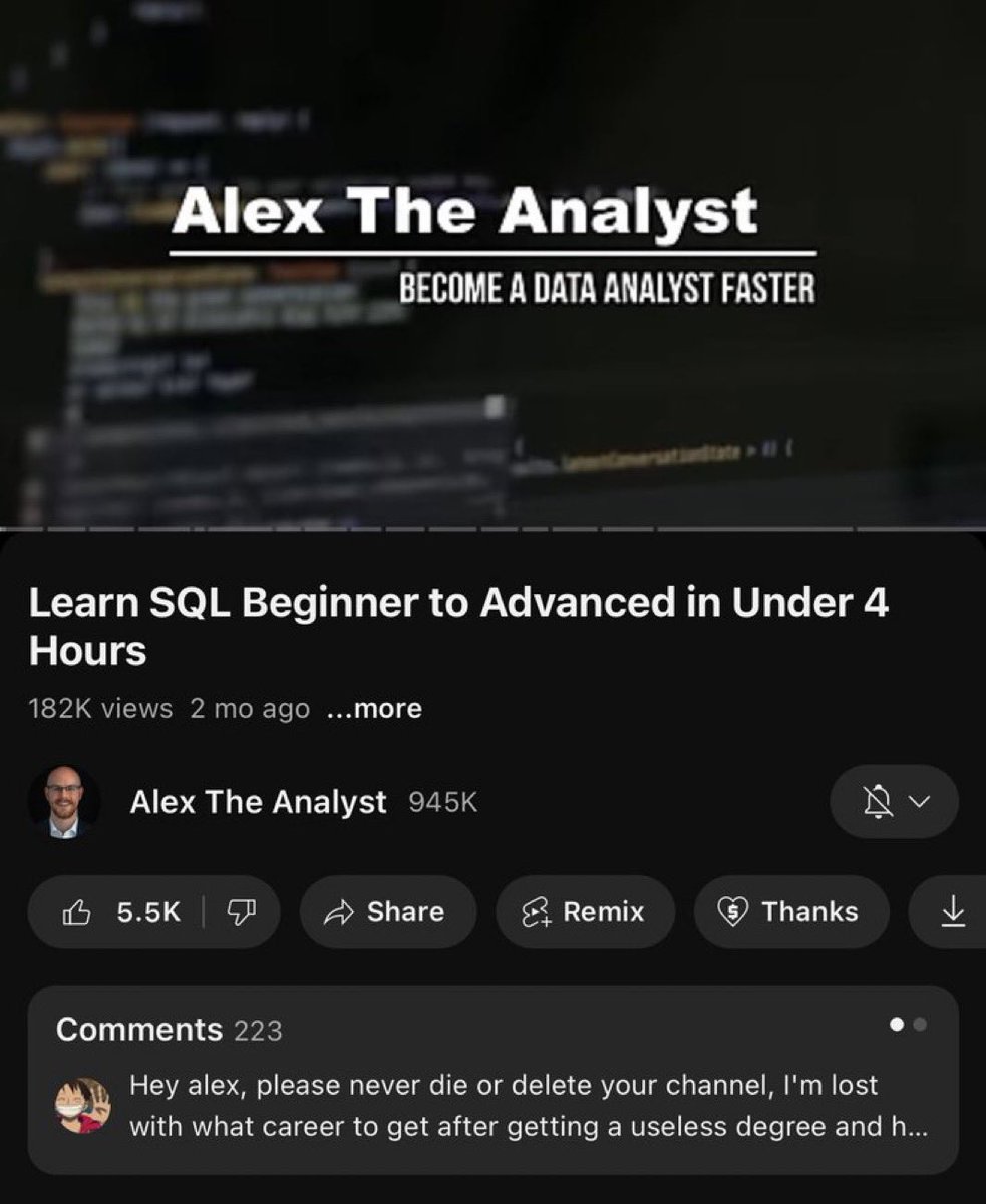 ezekiel_aleke's tweet image. AlexTheAnalyst literally dropped the best SQL course for beginners: