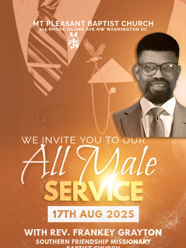 Mt. Pleasant Baptist (@mpbcdc) on Twitter photo 🔥Rev. Frankey Grayton to bring the Word at our All Male Service | Sunday 17th <a href="/6pm/">Follow us @Shop6pm!</a> ….‼️
Southern Friendship Missionary Baptist Church
#allmaleservice
#mpbcdc 🔥Rev. Frankey Grayton to bring the Word at our All Male Service | Sunday 17th <a href="/6pm/">Follow us @Shop6pm!</a> ….‼️
Southern Friendship Missionary Baptist Church
#allmaleservice
#mpbcdc