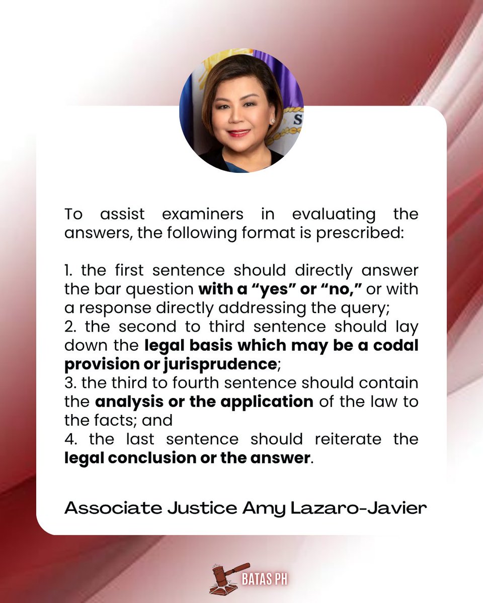 HEADS UP 2025 BAR TAKERS!!⚖️👩‍⚖️👨‍⚖️

LOOK: Associate Justice Amy Lazaro-Javier, 2025 Bar Examinations Chairperson, has issued a prescribed format for bar takers in answering the Bar Exams in the recent Bar Bulletin No. 4. 

#batasph
