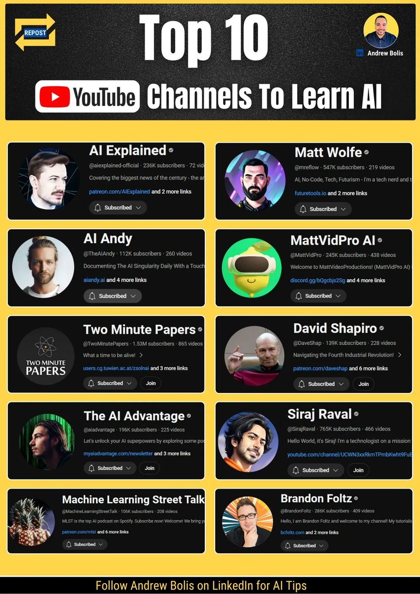 AndrewBolis's tweet image. 7 YouTube channels that will teach you more about AI than any university degree: ↓