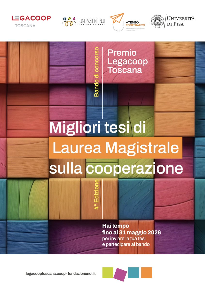 Bando: miglior tesi magistrale sulla cooperazione Legacoop Toscana - Fondazione NOI
sp.unipi.it/it/bando-migli…