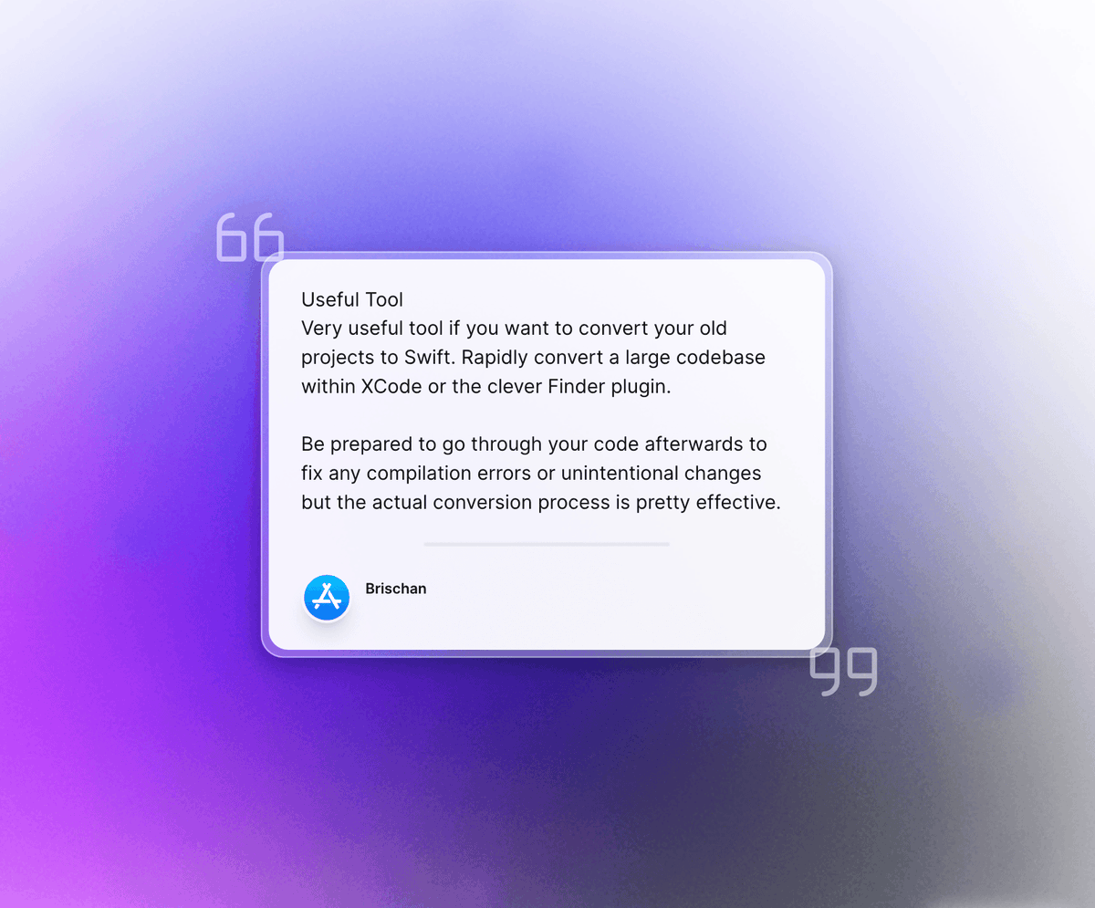alex_swiftify's tweet image. "Useful Tool
Very useful tool if you want to convert your old projects to Swift. Rapidly convert a large codebase within XCode or the clever Finder plugin."
apps.apple.com/us/app/swiftif…
#swiftlang #ObjectiveC #iosdev