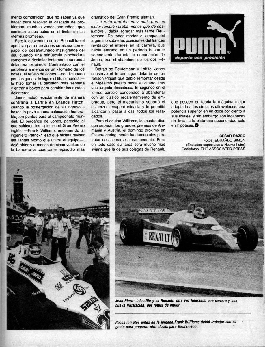 PatoG82's tweet image. Nota de revista El Grafico 👇

#JacquesLaffite #CarlosReutemann #AlanJones #Formula1 #RevistaElGrafico