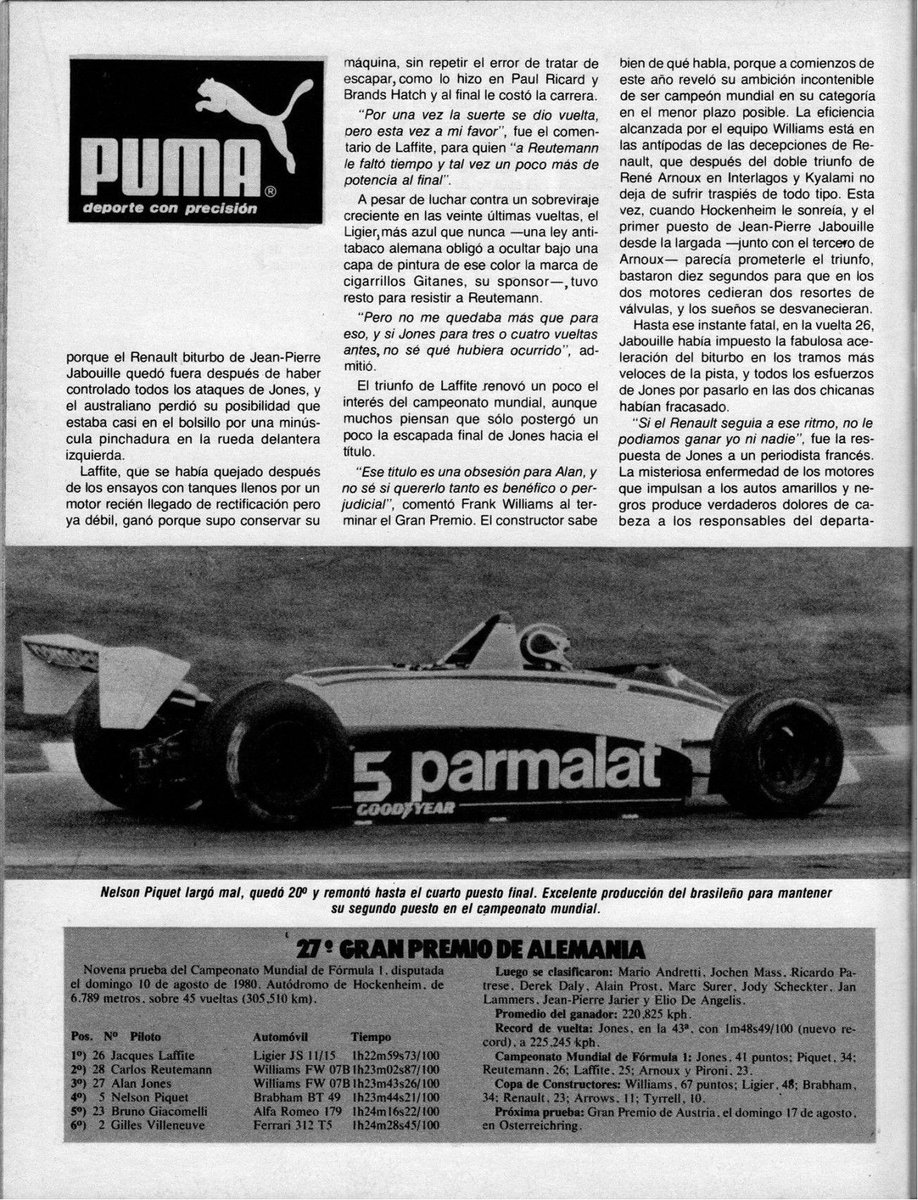 PatoG82's tweet image. Nota de revista El Grafico 👇

#JacquesLaffite #CarlosReutemann #AlanJones #Formula1 #RevistaElGrafico