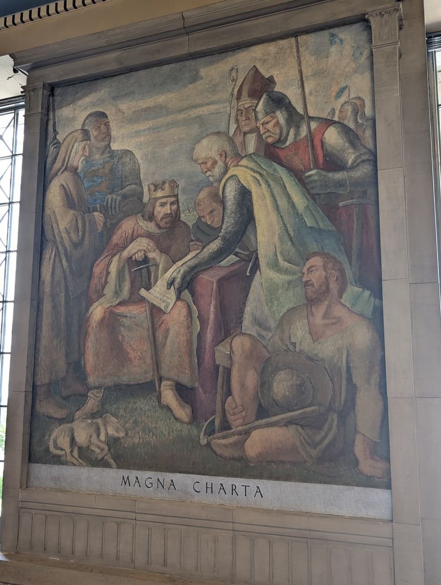 🎨🐕 Well, whadya know? There was an #ArtfulPup at the signing of the Magna Carta...or at least there is in this 1937 mural at the Department of Justice Building in Washington, DC. This piece was one in a series of 18 Boardman Robinson did depicting "Great Codifiers of the Law."